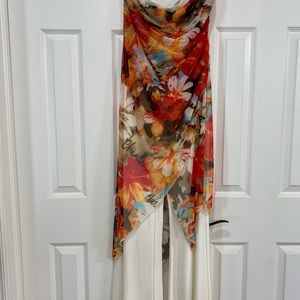 Cache Size Medium Strapless Ivory Jumpsuit with floral overlay.